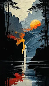 Impasto Sunset Gorge Reflection Oil Painting Style Art