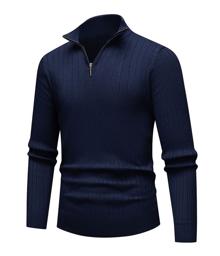 Men's knit pullover with stand-up collar and zipper