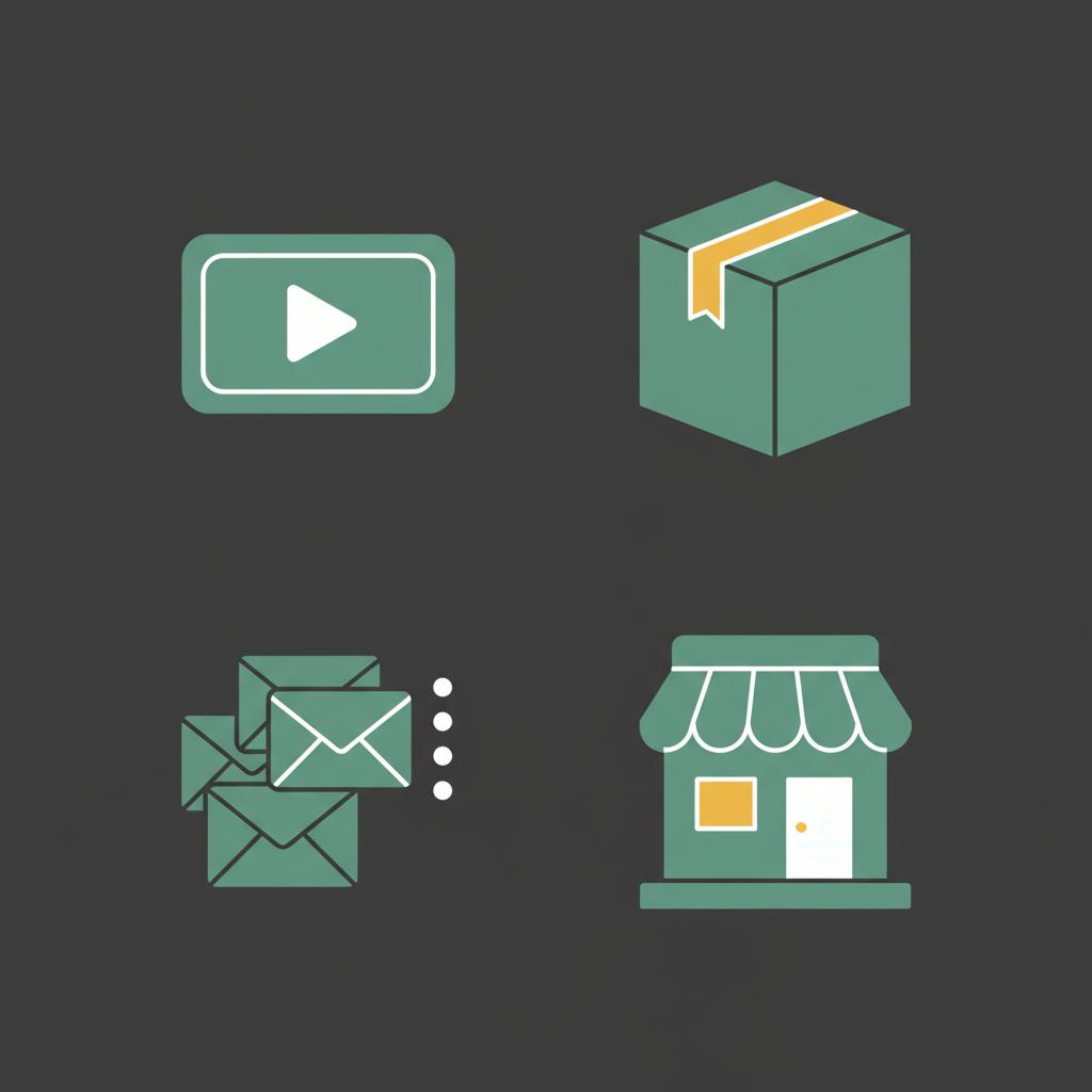 Minimal 2D vector collage of four icons course thumbnail product package email list icon and small storefront illustrating how to make passive income online on dark Finance Police brand background