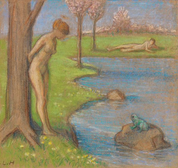 Frühlingslandschaft mit Paar am Froschteich ca 1900