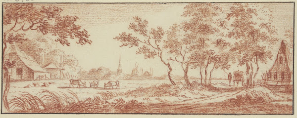 Wiese vor einem Dorf rechts zwischen Bäumen ein Wagen