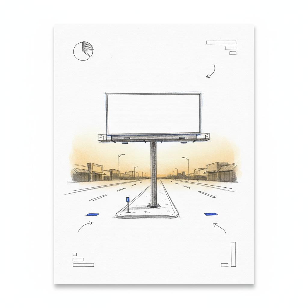 Notebook-style sketch of a vacant billboard beside a suburban road at golden hour, minimalist composition showing lanes and storefront silhouette highlighting billboard ROI potential.