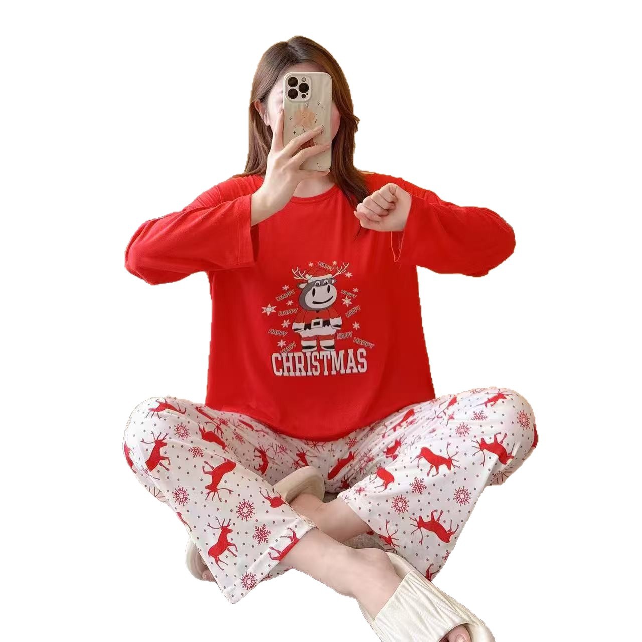 Women's Christmas Pajama, long-sleeve, with reindeer motif