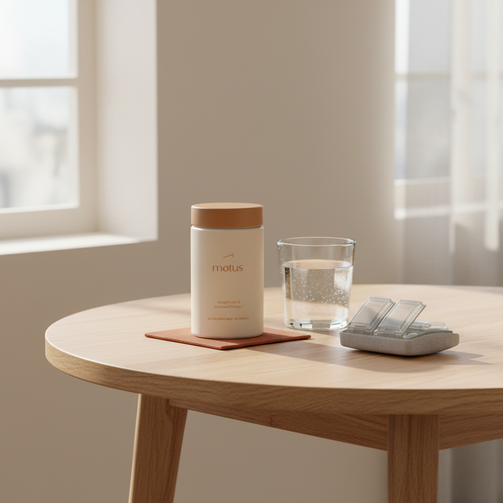 Minimalist kitchen scene with Tonum Motus jar on a wooden table by a window, glass of water and folded pill organizer, highlighting oral semaglutide and weight loss.