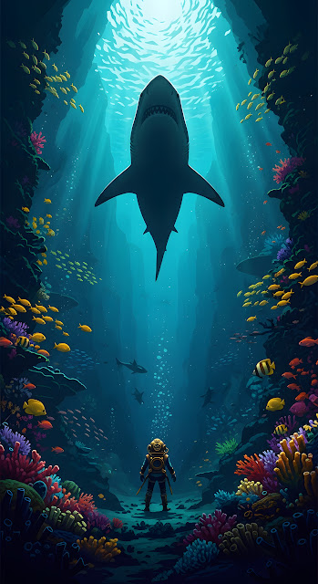 Dramatic Underwater Illustration of a Deep Sea Diver and Giant Great White Shark - Free mobile Wallpaper