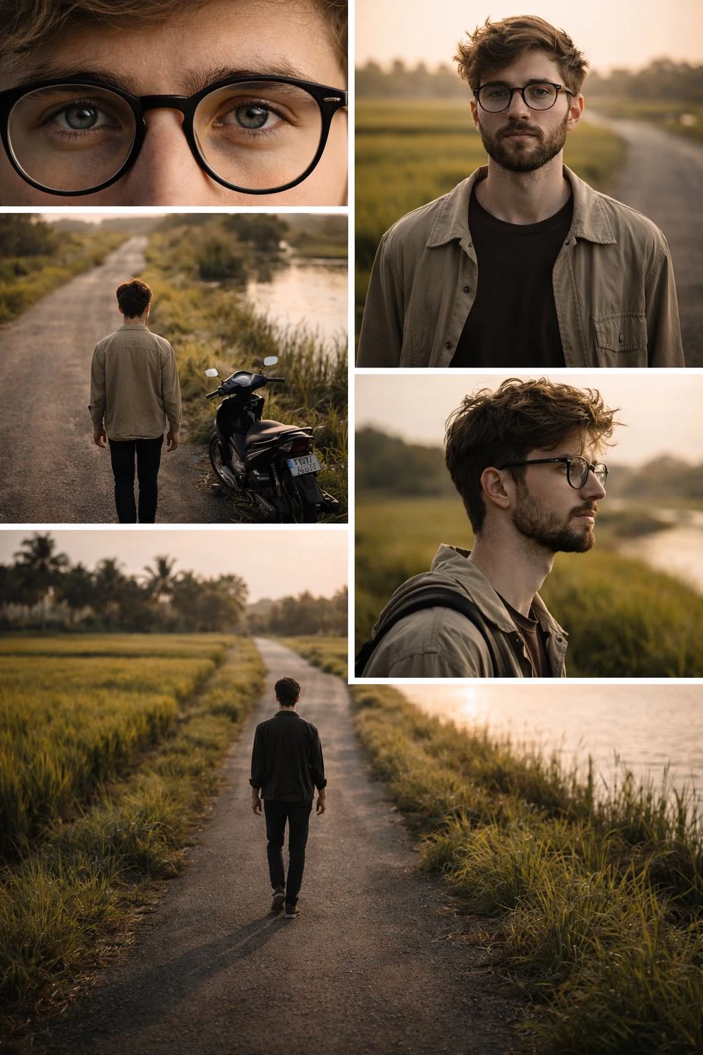 Joven junto a una carretera rural cerca de campos de arroz.