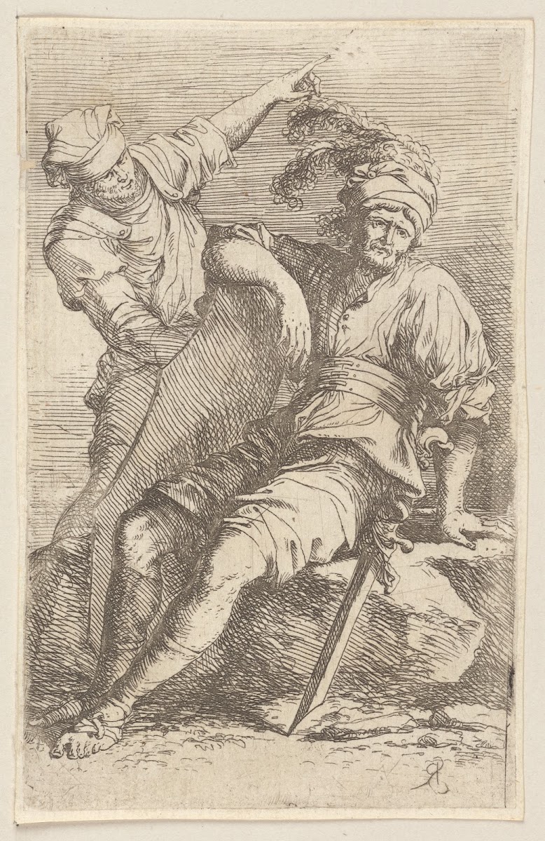Two Soldiers One seated with Sword and Shield 1656   1657