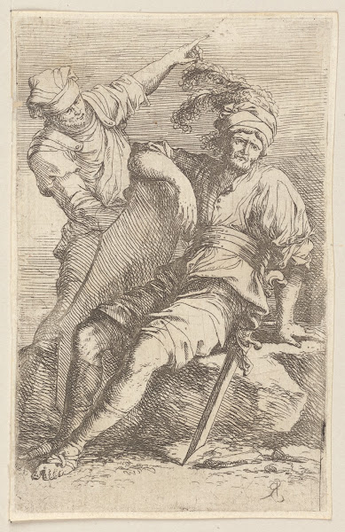 Two Soldiers One seated with Sword and Shield 1656   1657