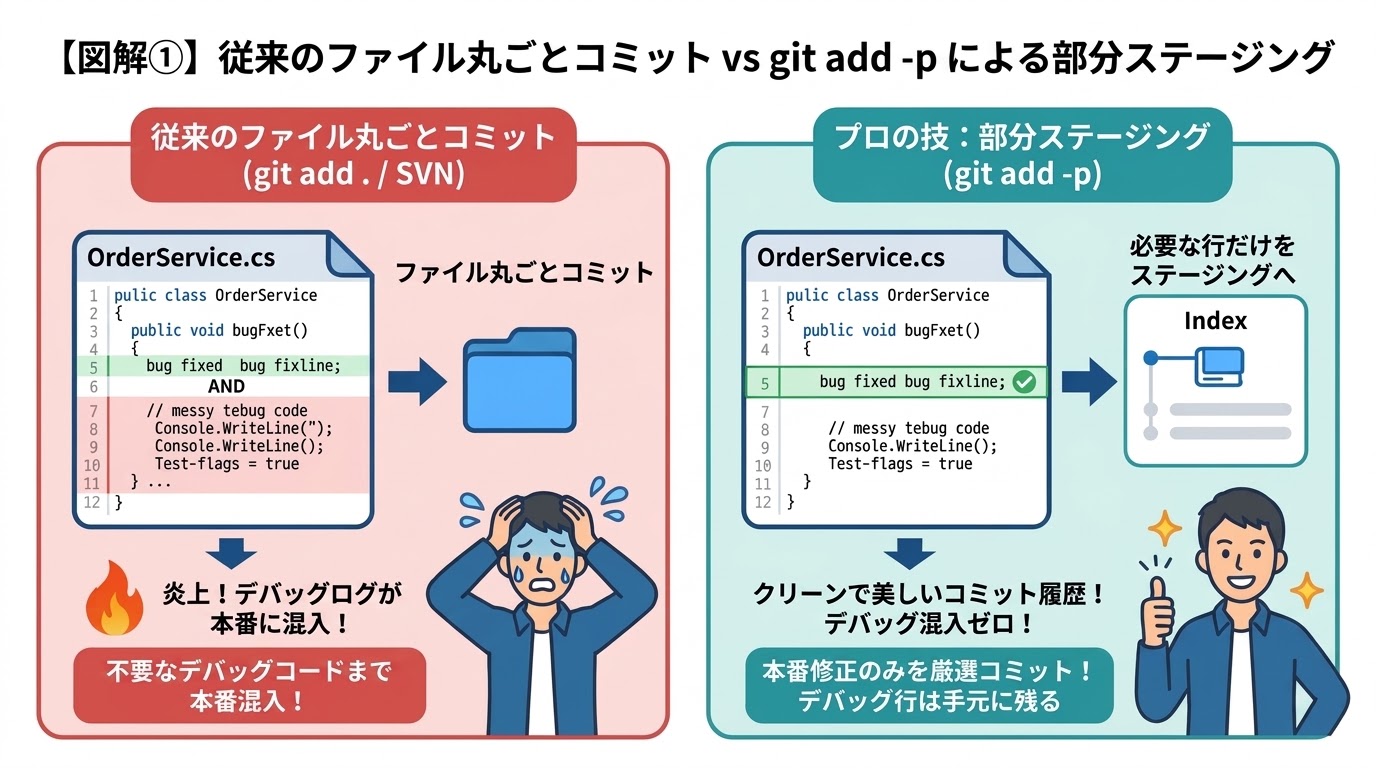 ファイル丸ごとコミットの悲劇 vs git add -p による部分ステージング