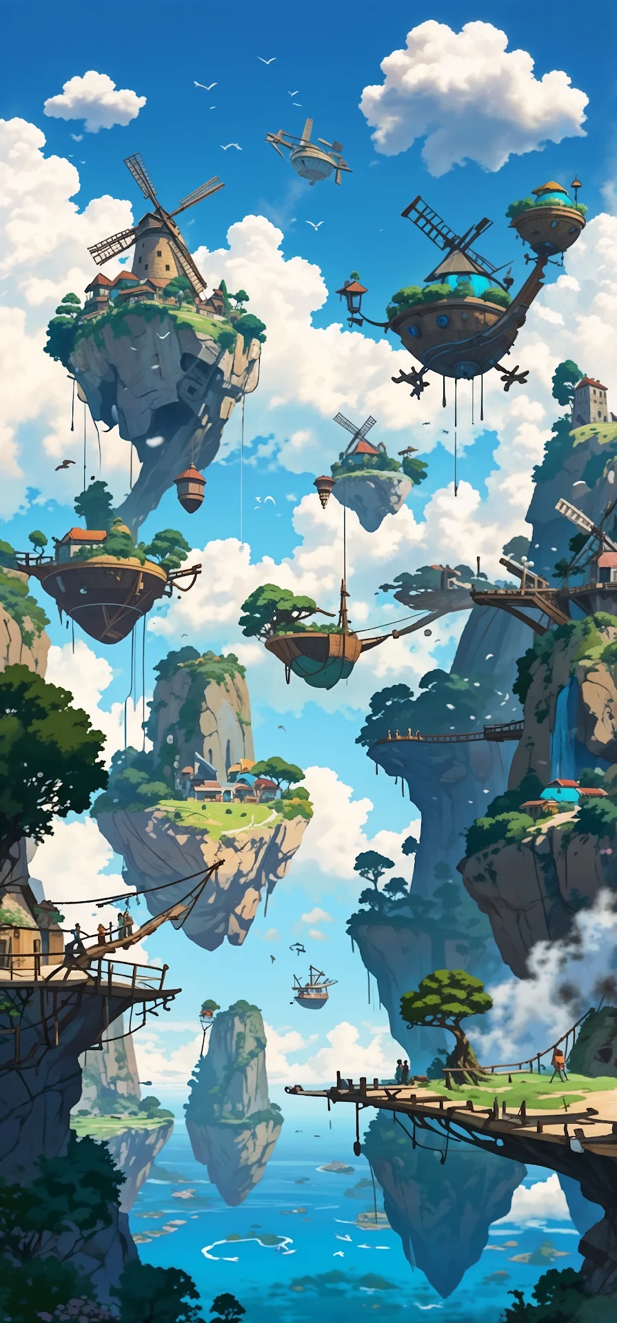 Floating Islands with Windmills in Sky Kingdom - Free 4K mobile Wallpaper