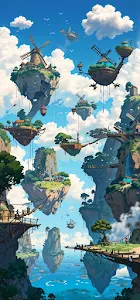 Floating Islands with Windmills in Sky Kingdom