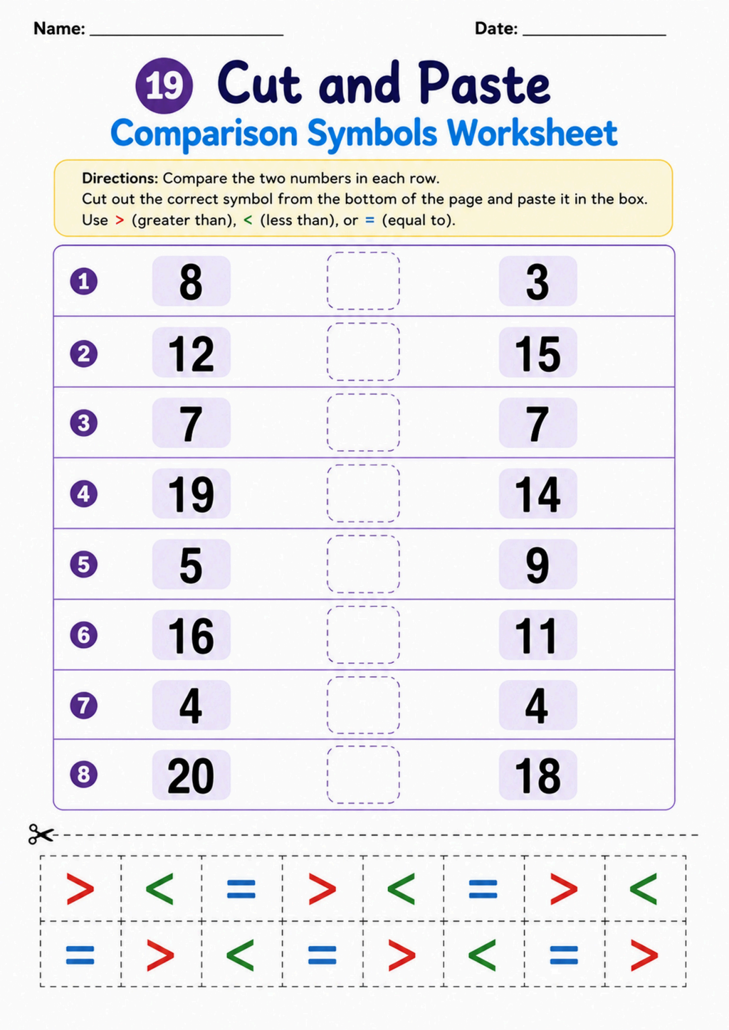 Cut and Paste Comparison Symbols Worksheet