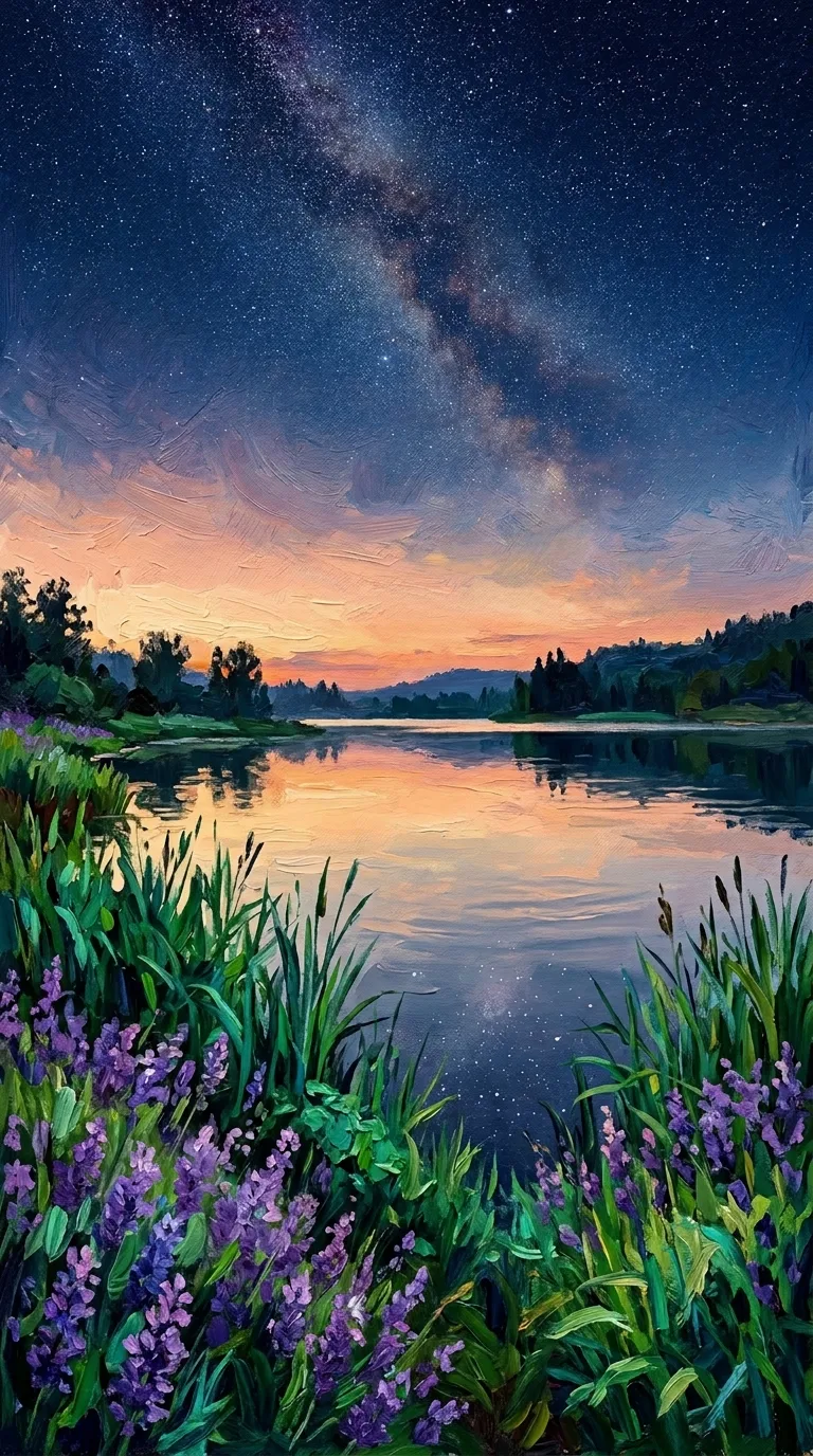 Impressionistic Lakeside at Twilight with Reeds and Starry Sky - Free 4K mobile Wallpaper