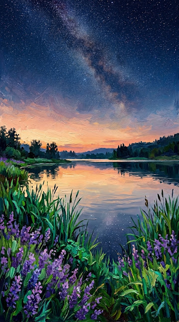Impressionistic Lakeside at Twilight with Reeds and Starry Sky - Free mobile Wallpaper