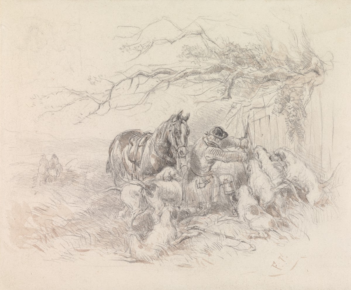 Dismounted Rider Breaking Open a Fence for Foxhounds to Pass Through