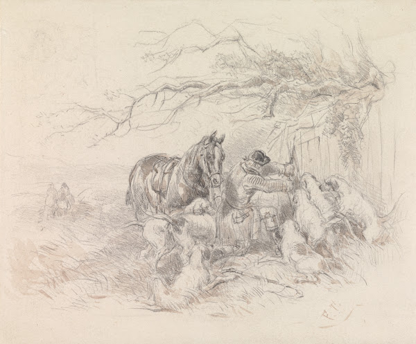 Dismounted Rider Breaking Open a Fence for Foxhounds to Pass Through