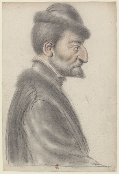 Homme âgé à la barbe courte coiffé dun bonnet bordé de fourrure de profil à droi