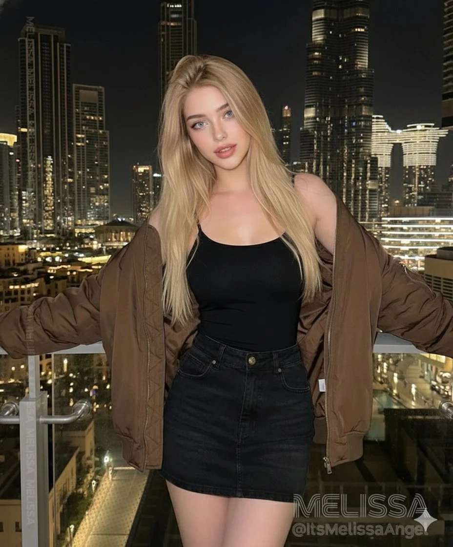Retrato de moda cinematográfico fotorrealista de una modelo rubia en la noche de Dubái.