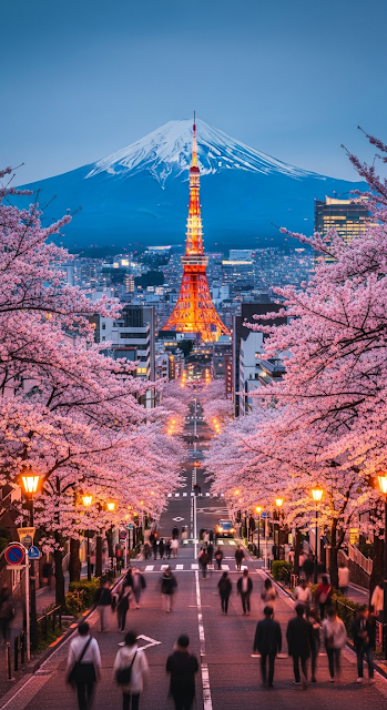 Iconic View of Mt Fuji and Tokyo Cityscape Down a Street Lined with Cherry Blossoms at Dusk