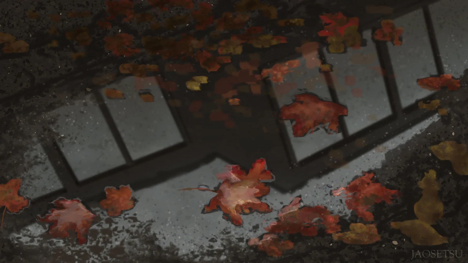Autumn Leaves in Wet Puddle - Digital Painting 4K Wallpaper (3840x2160)