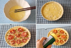 Thêm lòng trắng trứng, đánh đều. Đổ hỗn hợp này lên bánh tart đã nướng chín lúc nãy. Rắc lên trên bánh cà chua, thịt xông khói, hạt bí đã chín, một ít lá hương thảo và hạt tiêu lên. Đặt bánh vào lò nướng đã hâm nóng sẵn, nướng khoảng 25-30 phút. Đến khi phần phô mai đông lại, cà chua hơi hơi xém vàng là được. Khi lấy bánh đã chín ra, ngay lập tức rắc lên một ít phô mai parmesan tart cheese đã xắt nhỏ rồi thưởng thức.