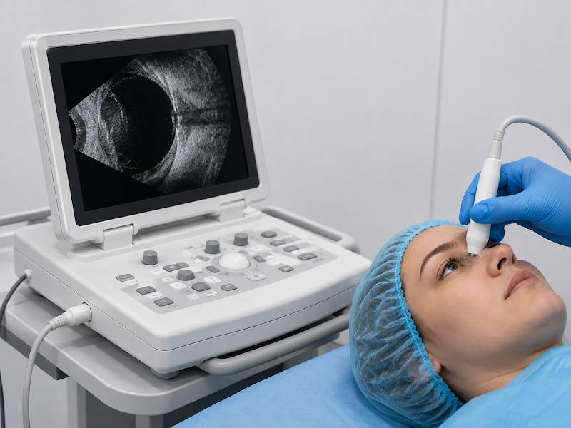Equipment photo — B-scan ultrasound in use.
