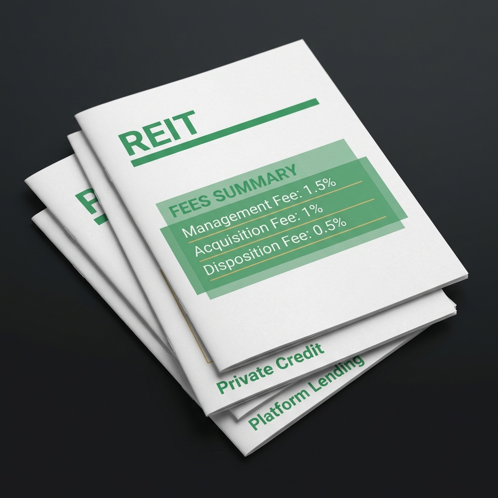Close up of stacked reports labeled REIT Private Credit and Platform Lending showing highlighted fees section for good passive income investments analysis minimalist dark background with green and gold brand accents