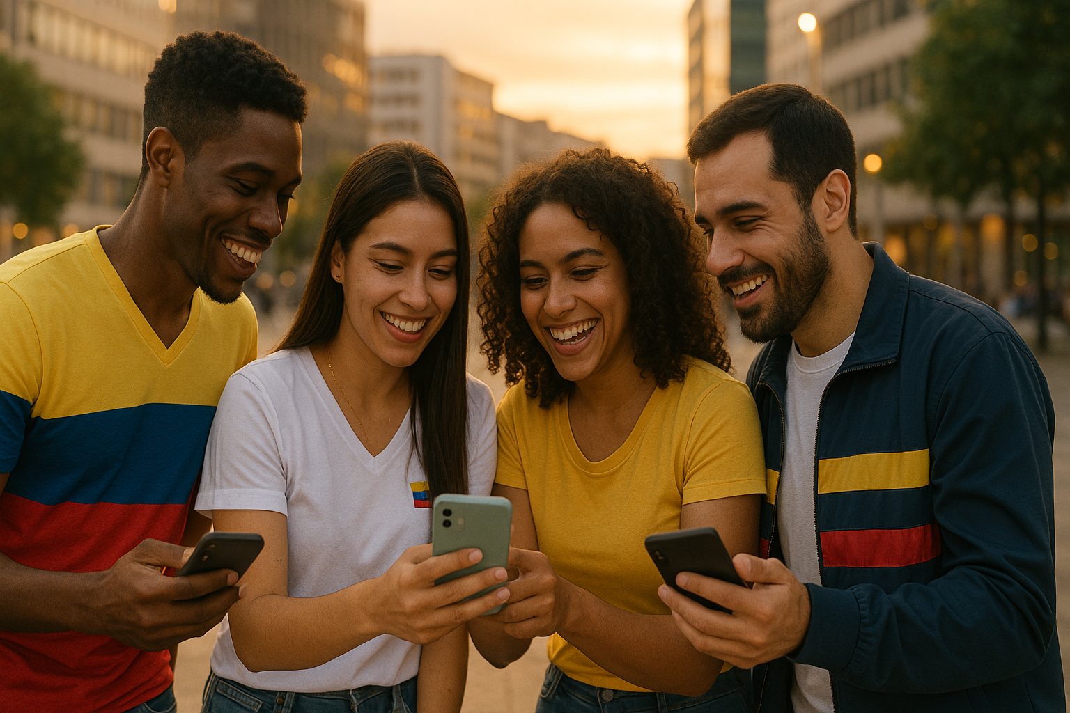 Venezolanos de distintas edades conectados por sus teléfonos en una ciudad, sonriendo y colaborando