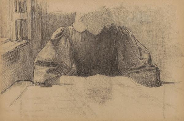 Vrouw met een boerenmuts gezeten aan een tafel bij een raam 1874   1925