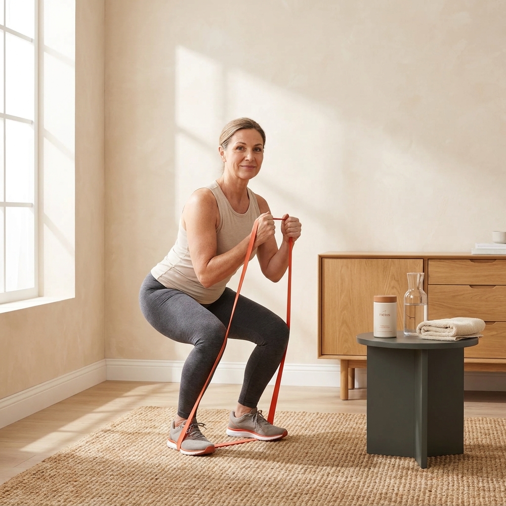 Woman doing resistance-band squats in a bright minimalist living room with a Tonum Motus container on a side table, illustrating fat loss after menopause.