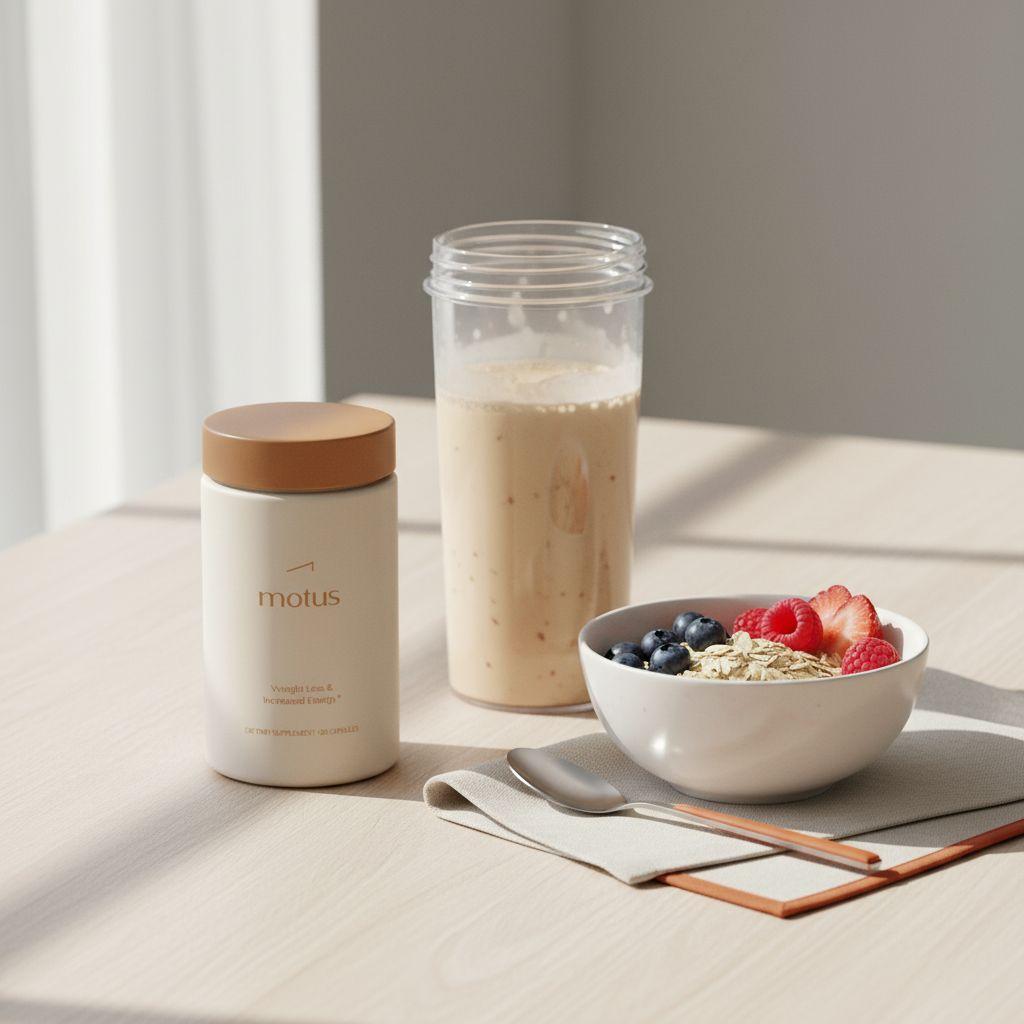 Minimal morning prep scene with Tonum Motus jar, shaker of protein shake, bowl of oats and berries on a wooden table in soft light — protein shakes for weight loss
