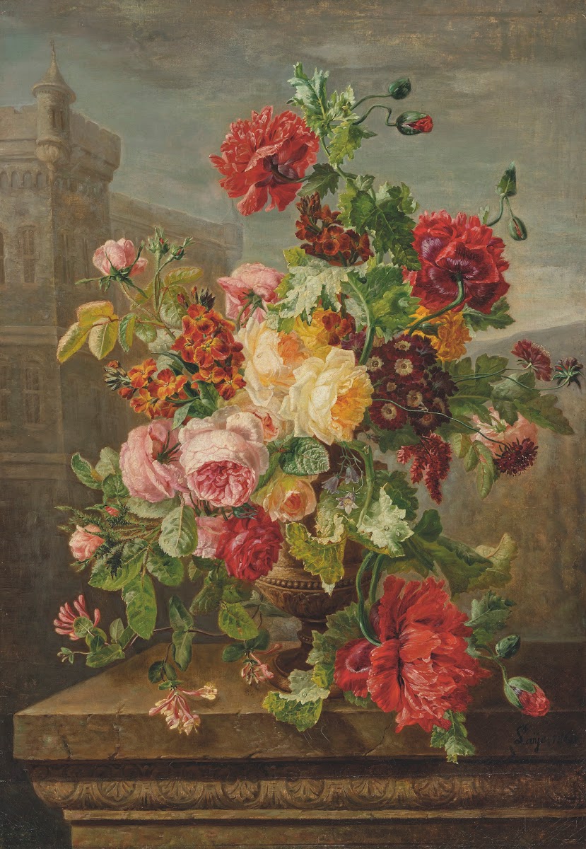 Roses Poppies Honeysuckle and Polyanthus in a urn on a stone ledge 1860
