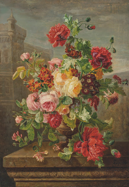 Roses Poppies Honeysuckle and Polyanthus in a urn on a stone ledge 1860