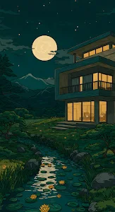 Contemporary Forest House at Night with Illuminated Windows