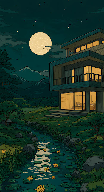 Contemporary Forest House at Night with Illuminated Windows - Free mobile Wallpaper
