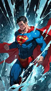 Superman bursts through icy shards in heroic action pose