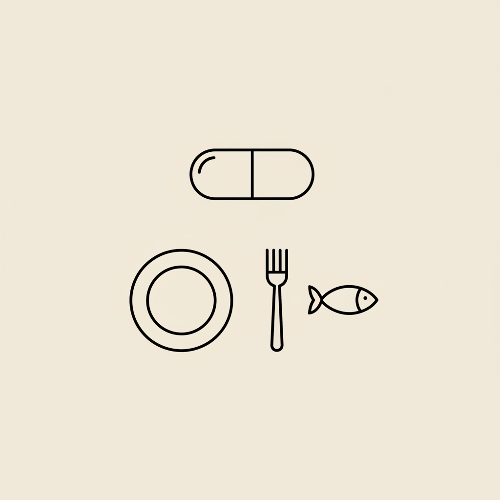 Minimal Tonum-style vector of a capsule, a plate with fork and a small fish icon on beige background, referencing supplements and omega-3s — weight loss supplement stack