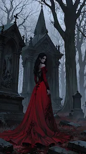 Vampire Lady in Red Gown at a Dark Mausoleum