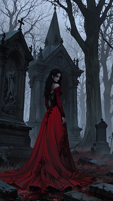 Vampire Lady in Red Gown at a Dark Mausoleum - Free mobile Wallpaper