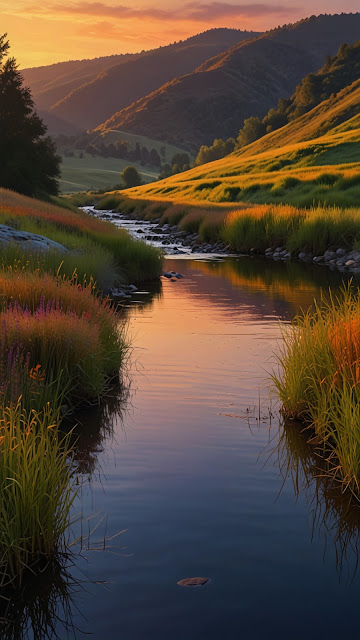 Serene Valley Stream at Golden Hour Sunset Reflection - Free mobile Wallpaper