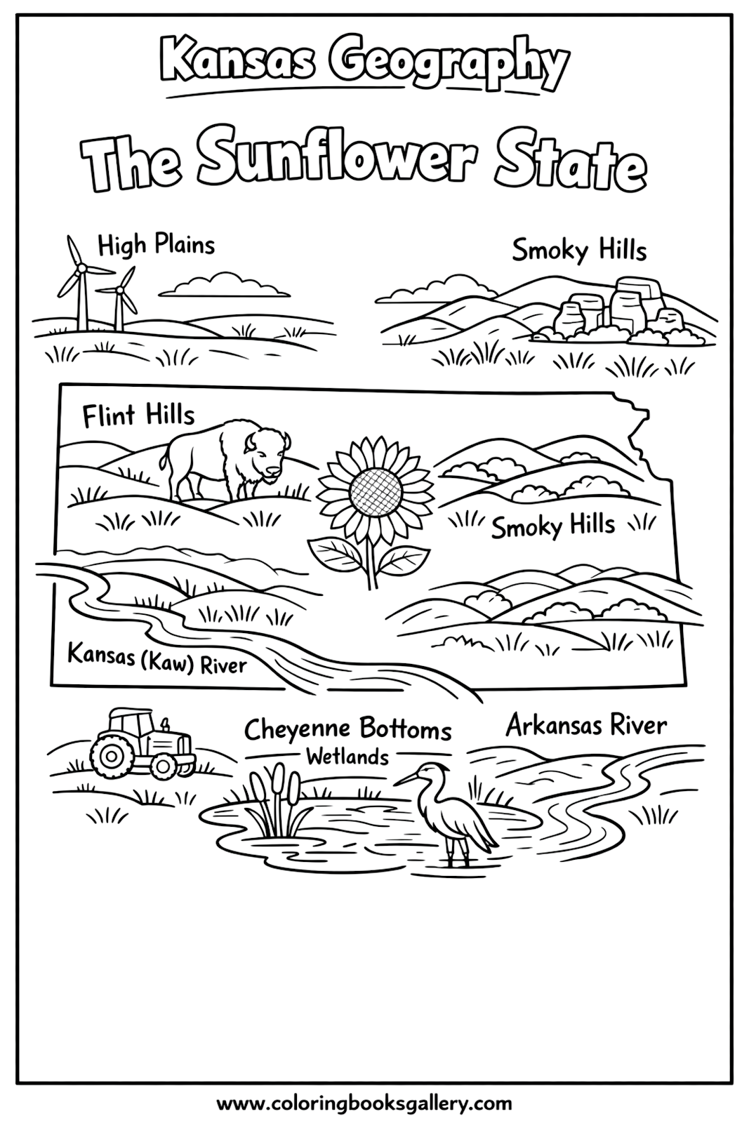 Kansas Geography for Kids – Simple Educational Printable Coloring Page for Kids – printable coloring page