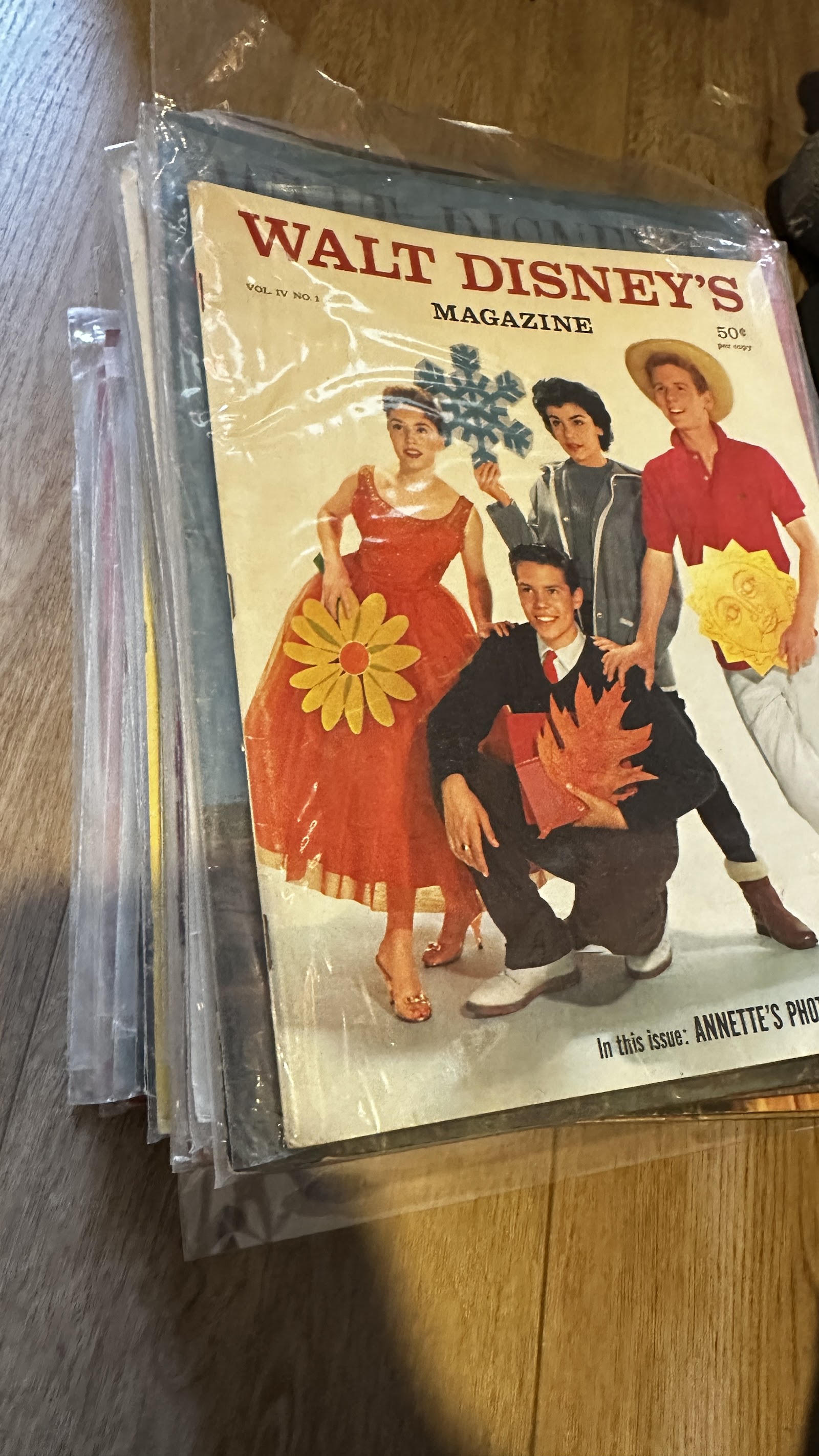 Walt Disney's Magazine Vol. IV No. 1 cover featuring Mouseketeers Annette Funicello, Tommy Cole, Bobby Burgess, and Doreen Tracey holding four seasons symbols, circa 1958-1959