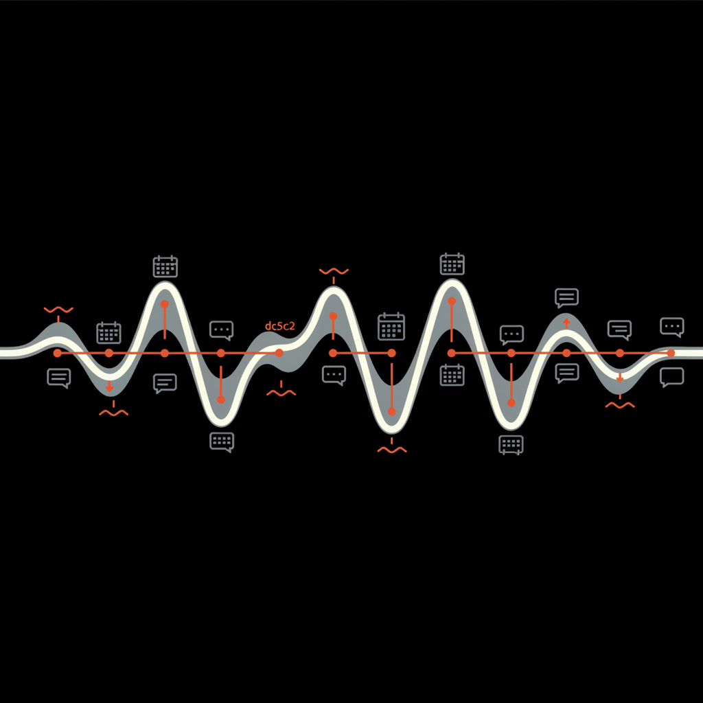 Minimal vector infographic of waveform, dotted calendar icons and chat bubbles on black backdrop using Social Success Hub colors, visualizing rhythm and cadence for God account on Twitter.
