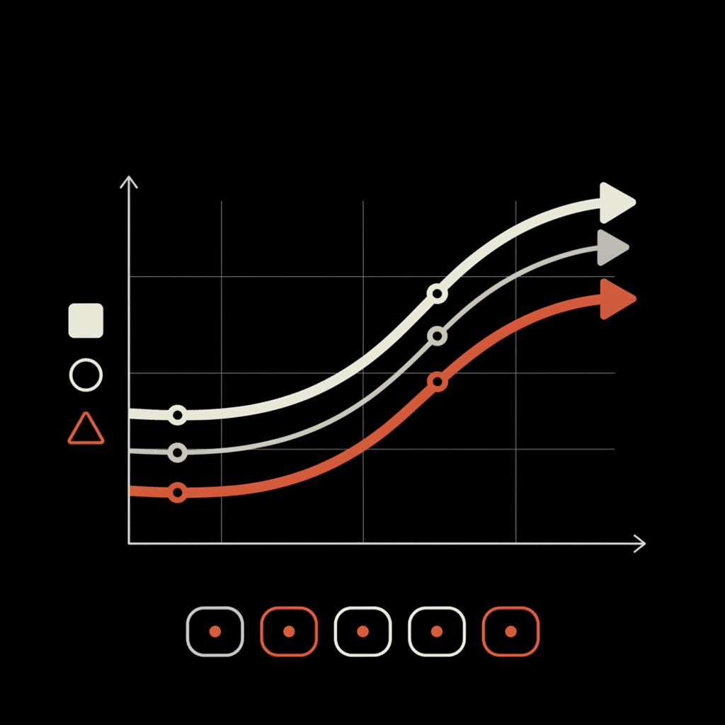 Minimal 2D vector infographic showing three trend velocity lines for social platforms with simple icons and seed-hashtag chips on a black background in Social Success Hub colors — trending hashtags today
