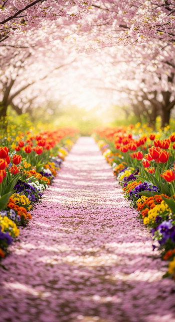 Sun-Drenched Garden Path Covered in Cherry Blossom Petals with Spring Flowers - Free mobile Wallpaper