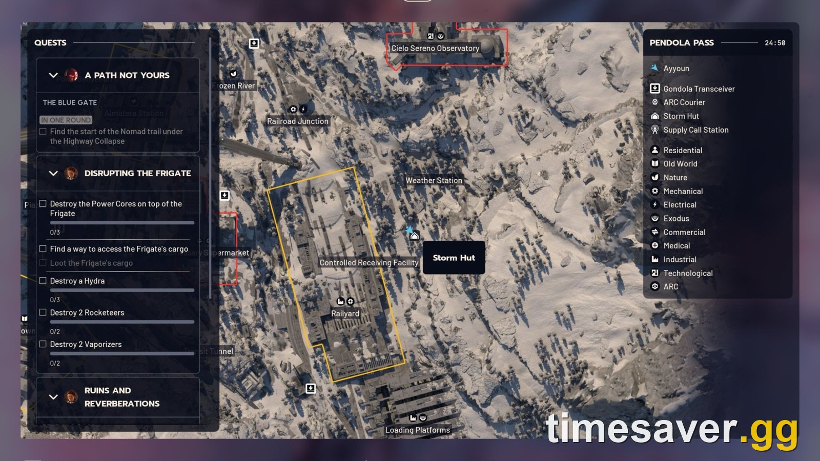 Pendola Pass map showing an open Storm Hut east of the Controlled Receiving Facility and Railyard