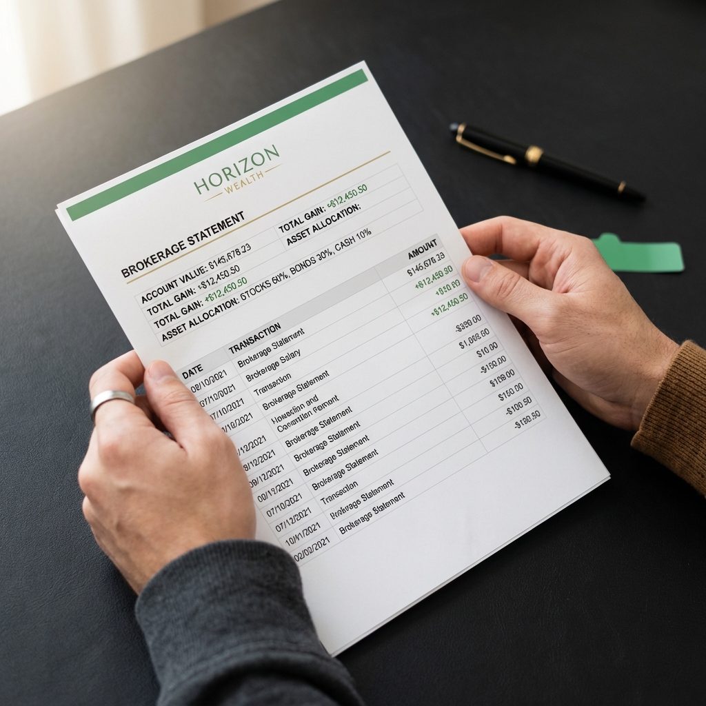 Close up of hands holding a printed brokerage statement with legible columns and numbers on dark background illustrating how to start a brokerage account