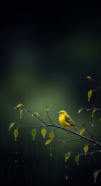 Realistic Illustration of Bright Yellow Bird on Rainy Dark Tree Branch - Free mobile Wallpaper