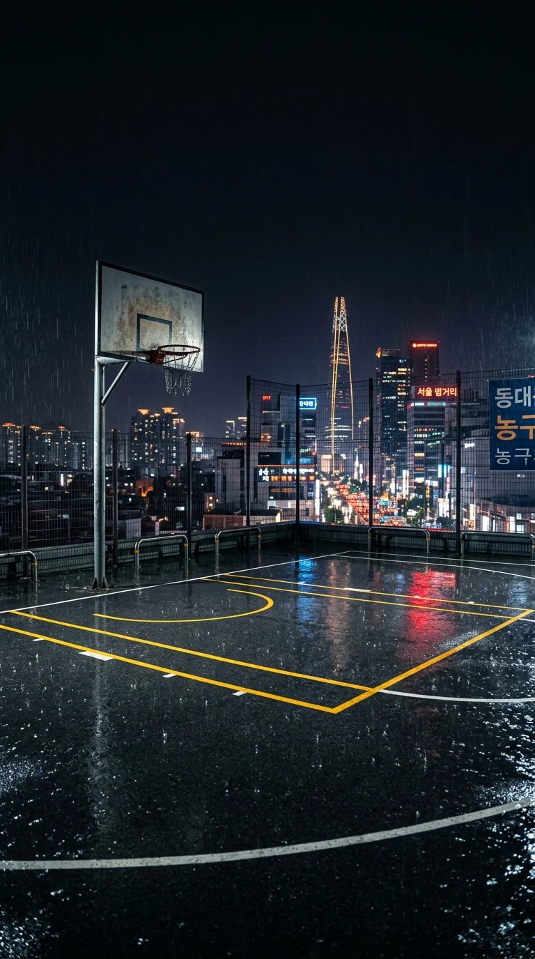 Rainy Seoul Rooftop Basketball Court Night Wallpaper - Free 4K mobile Wallpaper