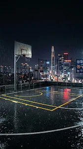 Rainy Seoul Rooftop Basketball Court Night Wallpaper